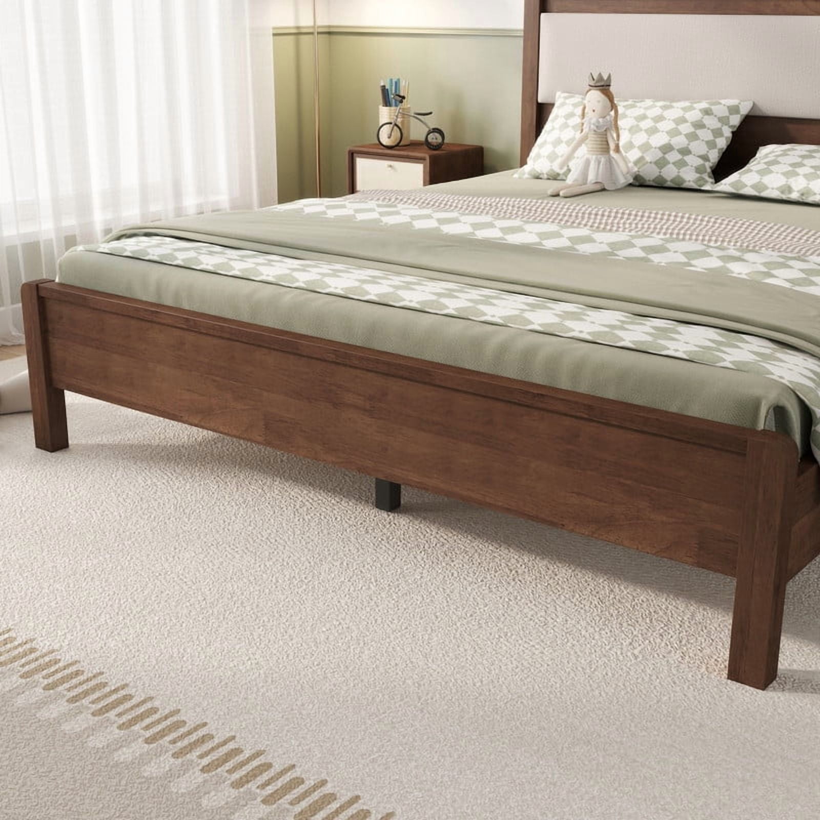 Queen Size Wooden Bed Frame with Upholstered Headboard, Low Profile Platform Bed with Central Support Legs