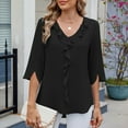 thumbnail image 5 of Chiffon Blouse With Mid Length Sleeves V Neck Pleated Ruffle Trim Loose Fit For Women Champagne Chiffon Blouse Womens Blouse with Vest Womens Blouses And Tops Dressy Short Sleeve Long Layering Shirts, 5 of 7