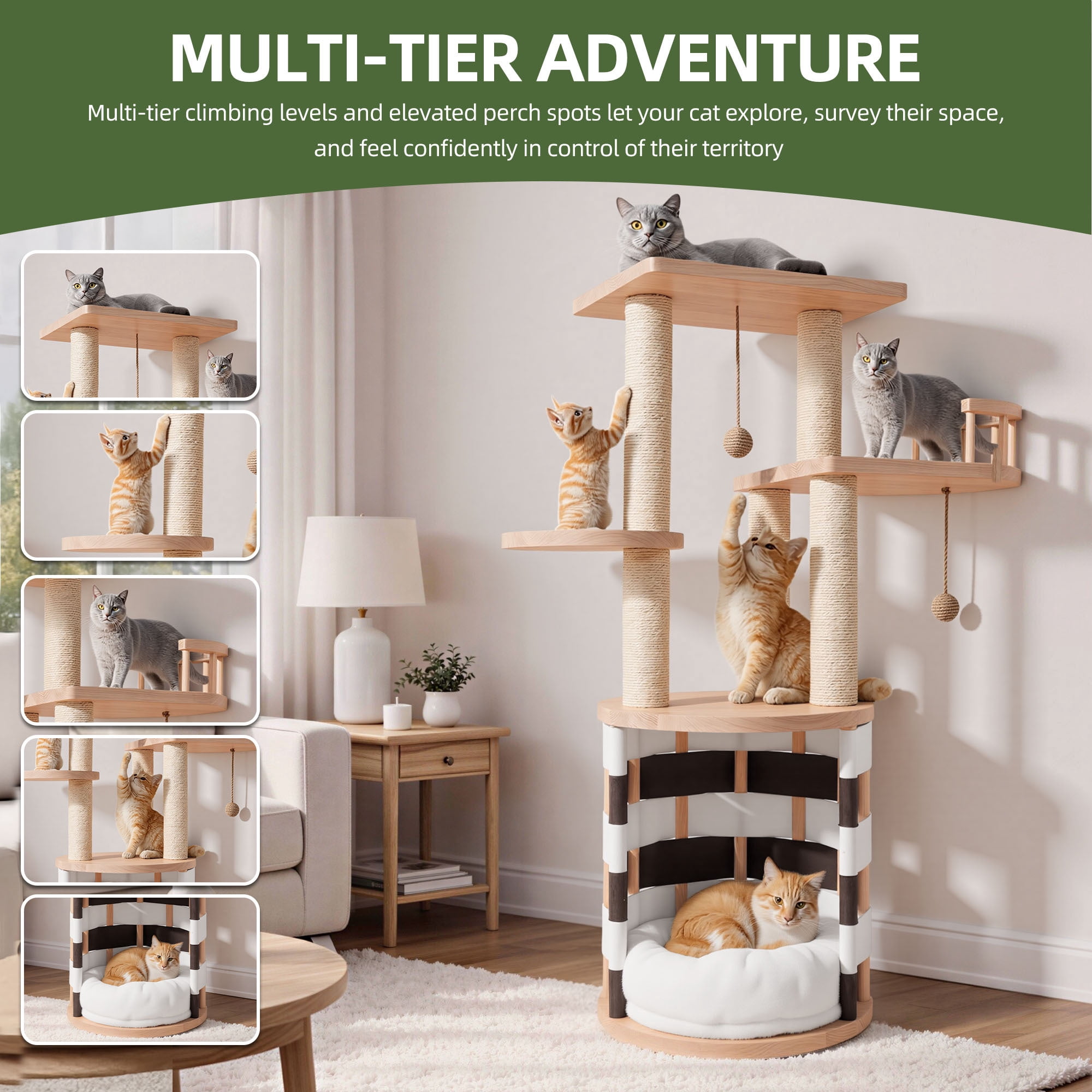 Uforic 40 in Solid Pine Wood Cat Tree, Multi-Level Cat Tower with Cat House, Observation Perches, Plush Bed & Sisal Scratching Posts, Indoor Cat Furniture