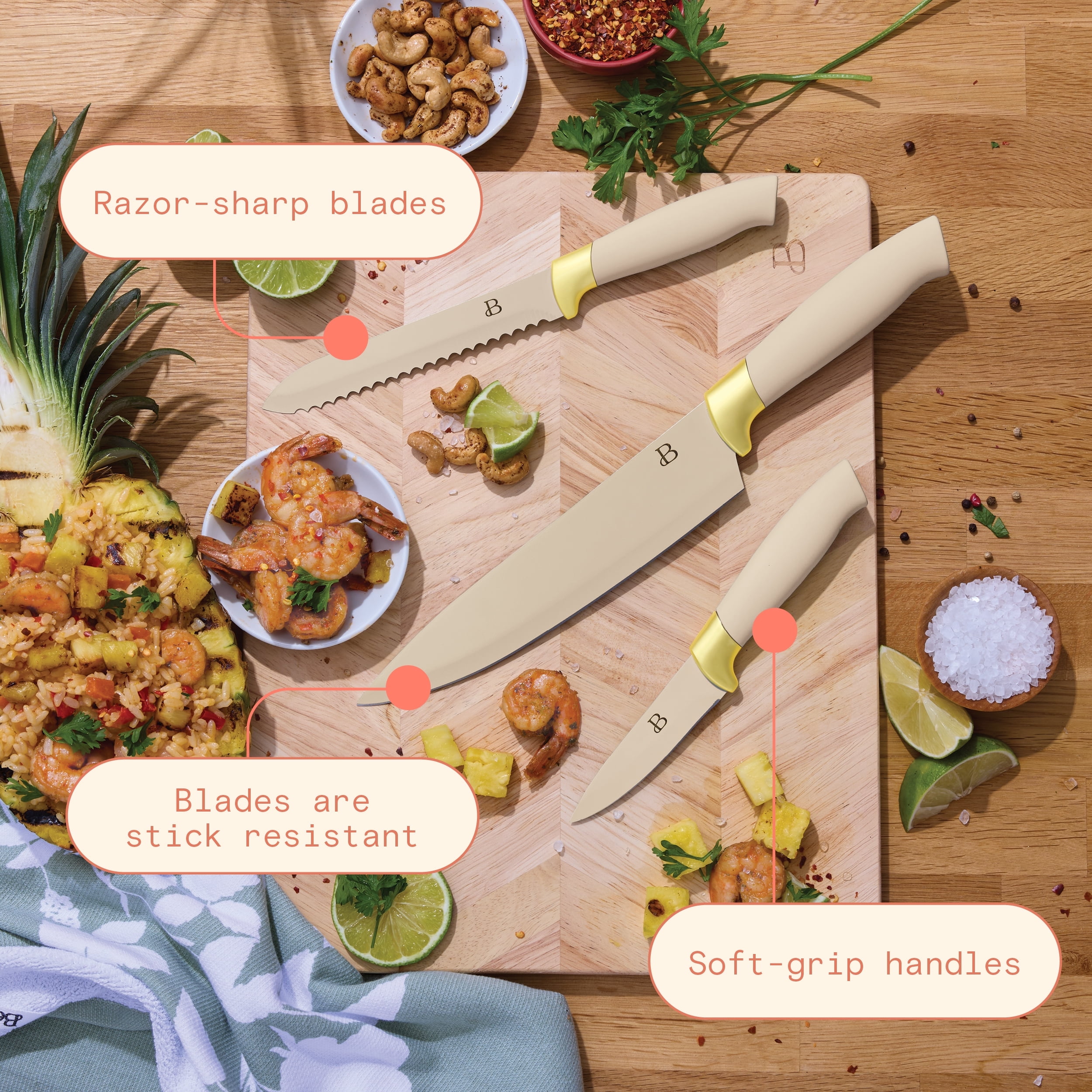 Beautiful 12 Piece Porcini & Gold Knife Block Set with Soft-Grip Ergonomic Handles by Drew Barrymore