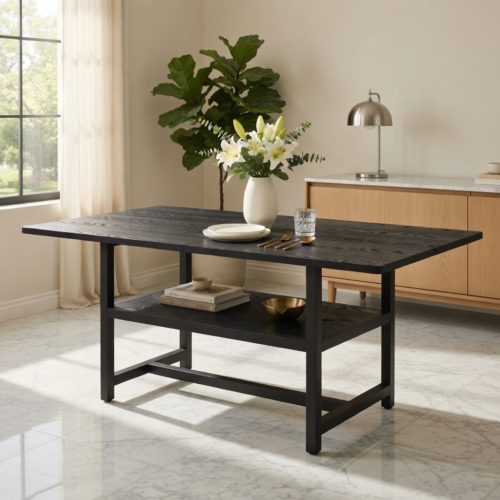 Hommoo Modern MDF Dining Table 71in x 35.4in with Built-in Storage Shelf, Minimalist Industrial Style Extendable-Look Solid Table for Family Meals & Small Spaces, Black