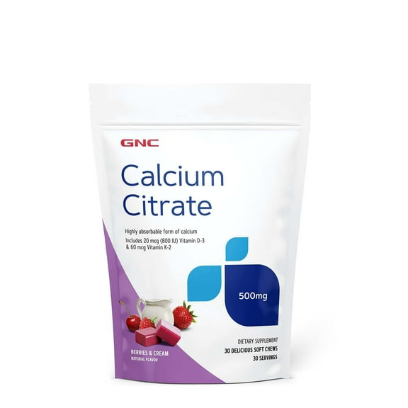 GNC Calcium Citrate 500mg Soft Chews | Highly Absorbable Form of Calcium | Berries & Cream | 30 Count