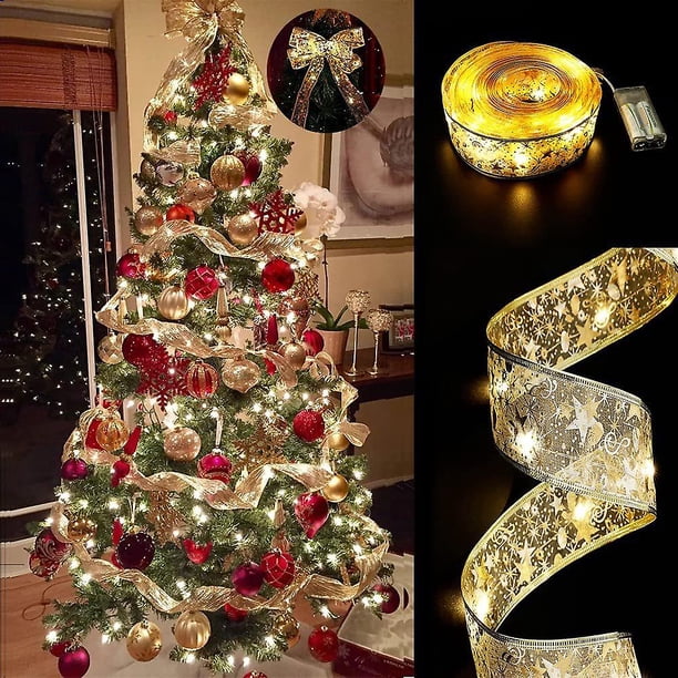 Luz de hadas de cinta Decoración navideña Adornos para árbol de Navidad para el hogar Lazos Cadena de luces Navidad Año Nuevo Oro 500cm