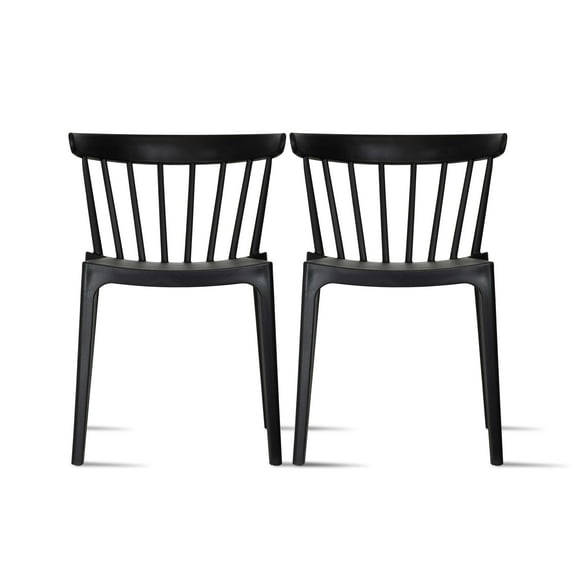 Set of 2 Modern Dining Elbow Side Chairs Molded Plastic Indoor and Outdoor Stackable Slat Back Patio Chairs, Black