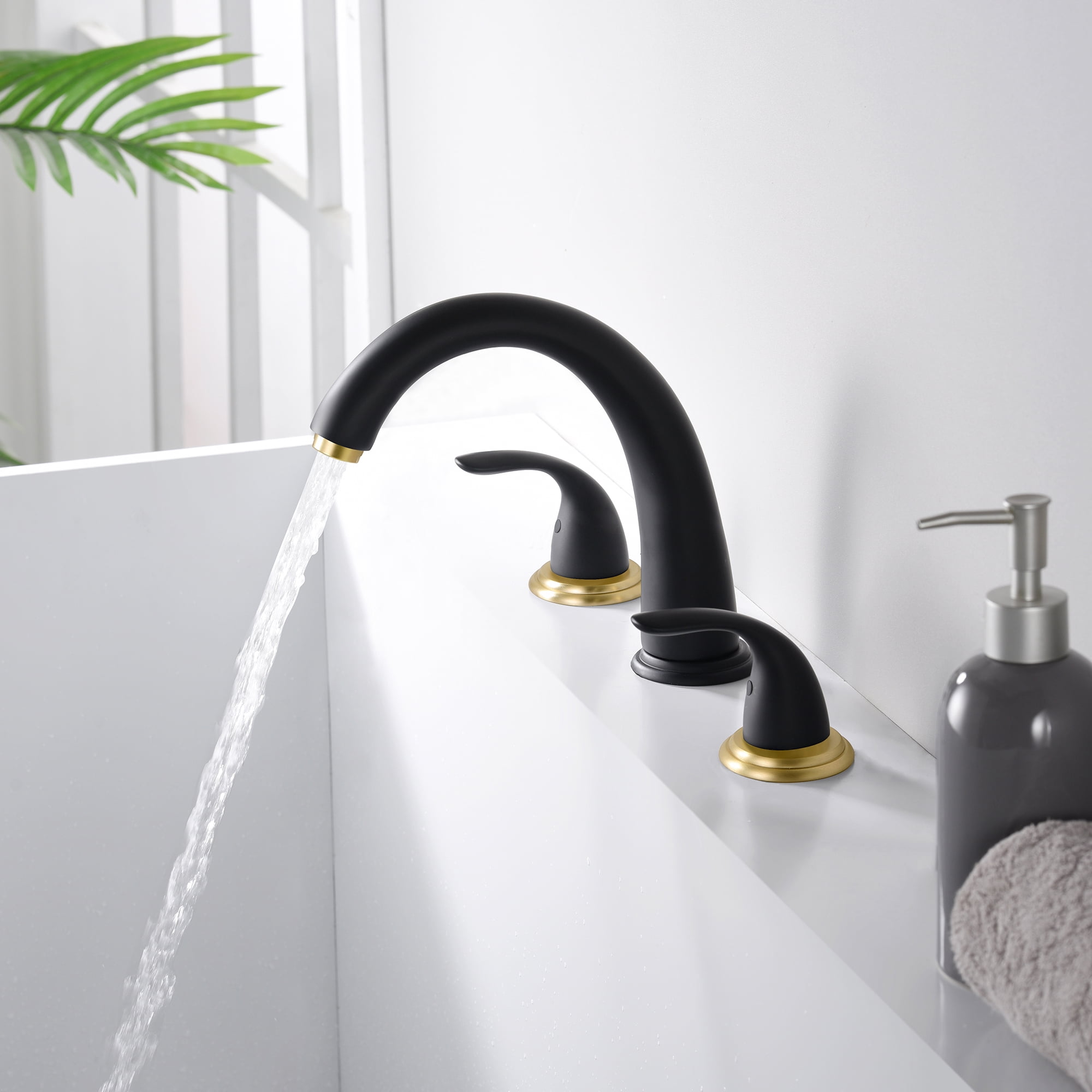 SUMERAIN Widespread Bathtub Faucet 2 Handle High Flow Deck Mount Tub Faucet with Valve,Black and Gold