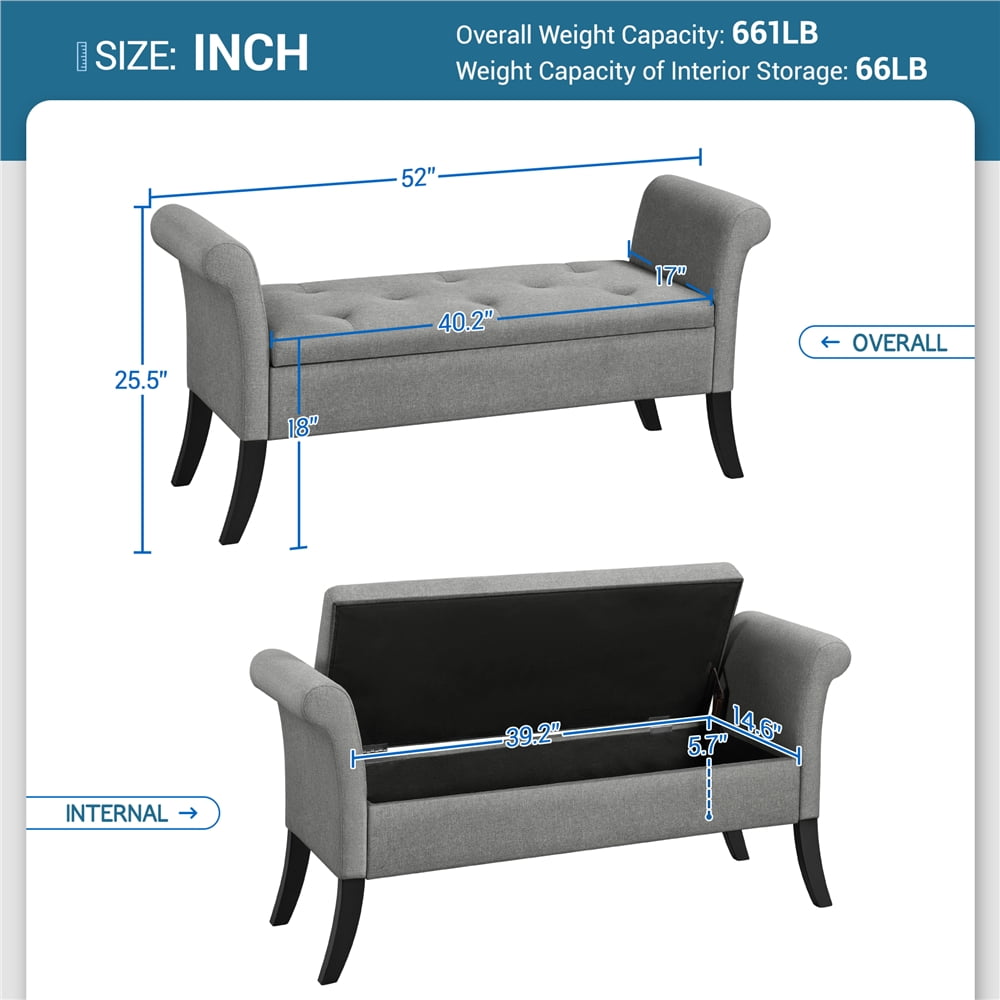 Yaheetech 18"H Modern Fabric Tufted Storage Ottoman Bench with Rolled Arms, Light Gray