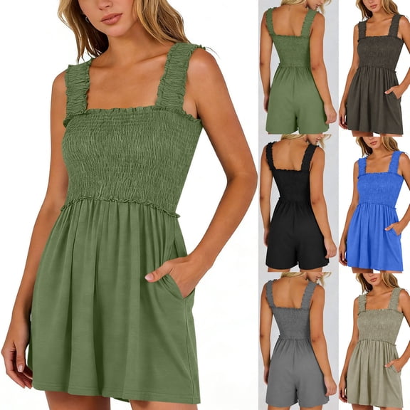 Frostluinai Women's Rompers Summer Casual Smocked Square Neck Sleeveless Loose Shorts Jumpsuit Solid Beach Vacation Clothes with Pockets