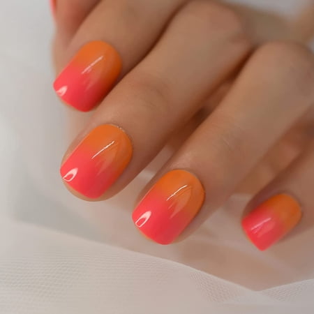 Kscd Short Glossy Orange Pink Ombre French Fake Nails Squoval Square Uv False Press On Nails For Girl Full Cover Wear Nail Art Tips L6091 Walmart Canada