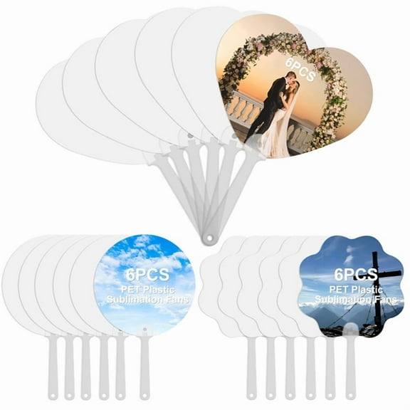 18 PCS Sublimation Fans Blank, PET Plastic Sublimation Hand Fans for Church Parties Graduation Party Favors,6 x circular fan 6 x heart-shaped fan 6 x flower-shaped fan,White