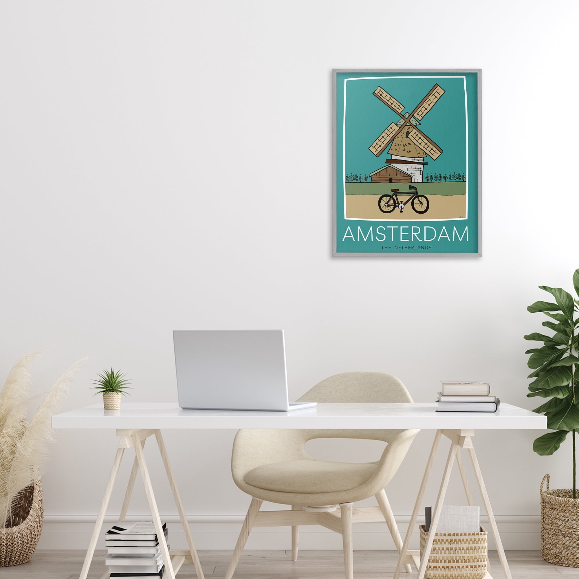Stupell Industries Amsterdam Windmill Poster Gray Framed Giclee Art, design by Hugo Edwins