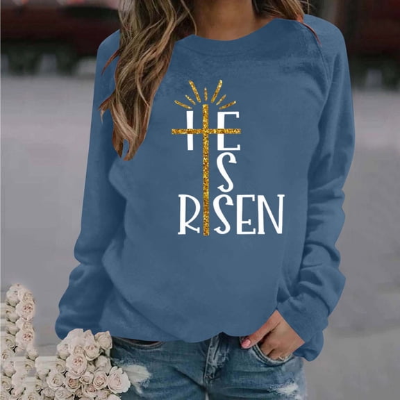 Uootdi Easter Christian Jesus Faith Sweatshirt for Women Jesus Cross Printed Pullover Crew Neck Comfy Loose Long Sleeve Shirts Gift