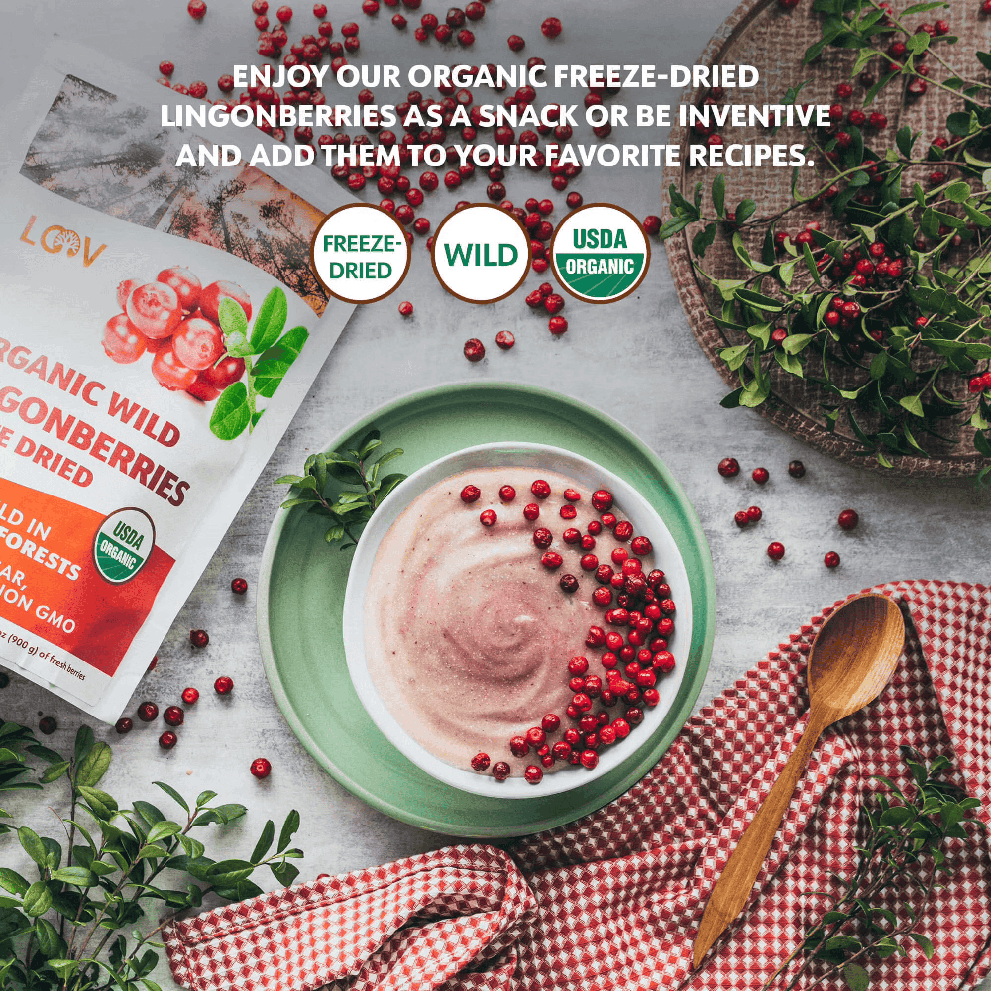 LOOV Freeze Dried Organic Wild Lingonberries, 23-Day Supply, No Sugar Added, Tart Berry Flavor
