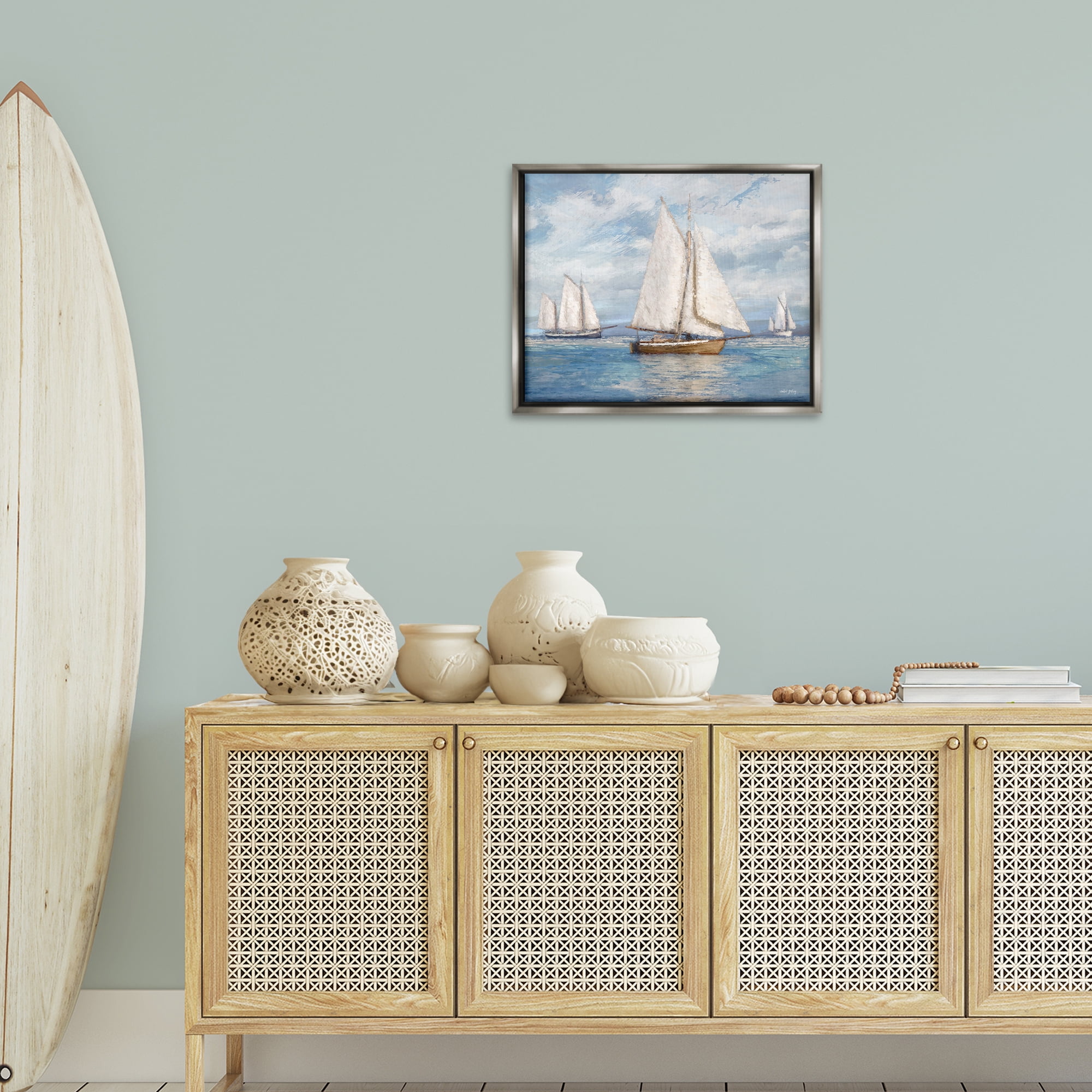 Stupell Industries Sailboat Trio Impression Nautical & Beach Painting Gray Floater Framed Canvas Art Print Wall Art, 21 x 17