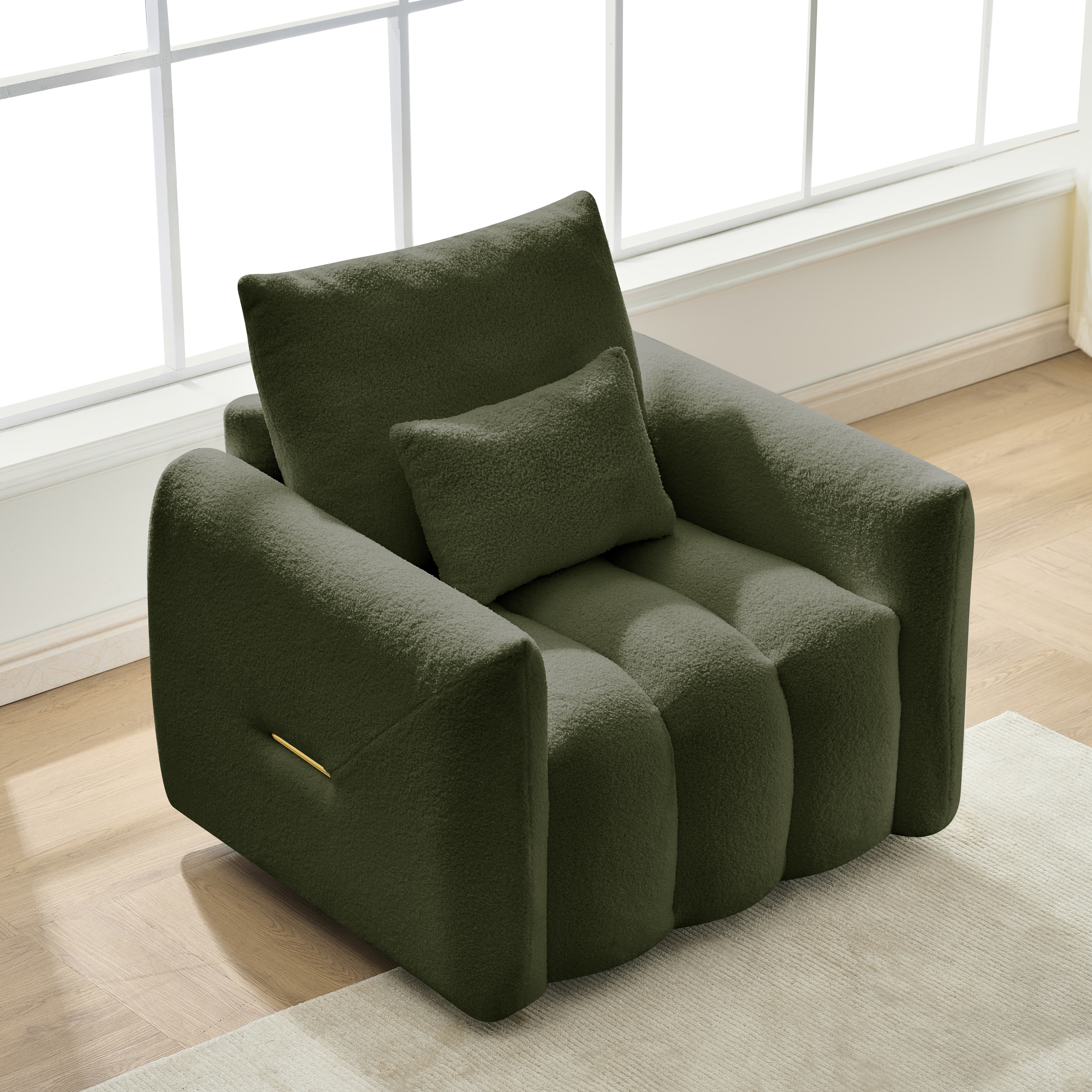 MAYEERTY 38.1" Teddy Fabric Single Sofa, Modern Lounge Chair with A Pillow for Apartment, Office, Living Room, Army Green