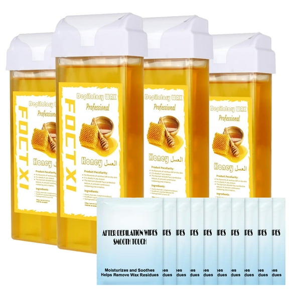 FOCTXI Wax Roller Kit Wax Cartridge, Roll On Wax for Hair Removal, Roll on Wax, 4 Honey Hair Removal Wax Cartridge and 10 Pack Cleaning Oil Wipes for Women