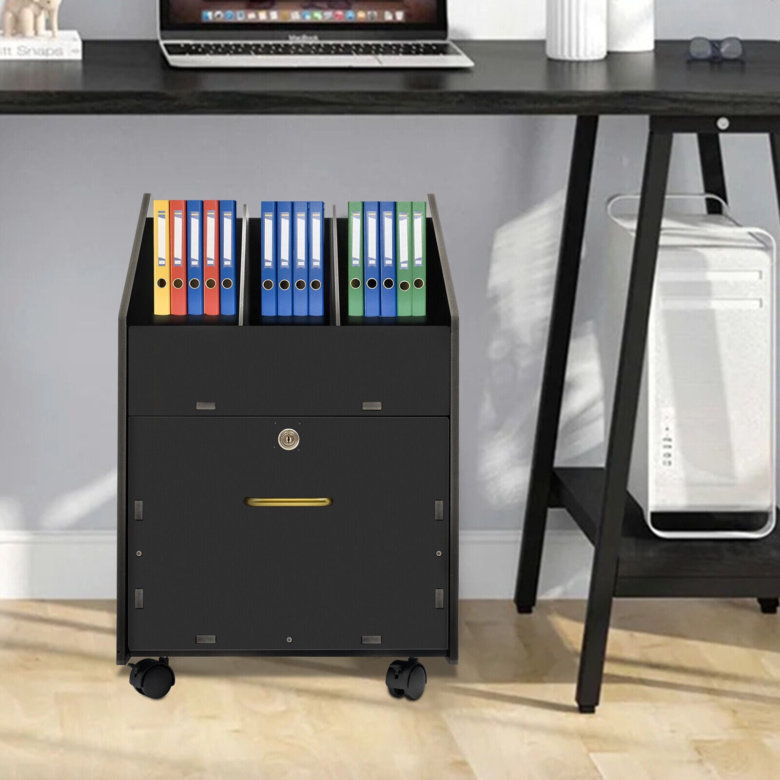 Mobile File Organizer W/Lock Under Desk Rolling File Cabinets Wood File Holder Black