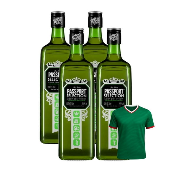 4 Licor Con Whisky Passport Selection 700 ml + Jersey Verde