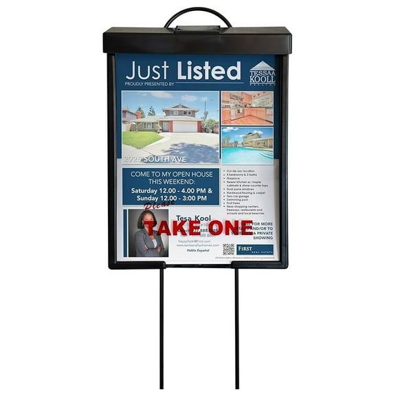 Outdoor Real Estate Brochure Box with Solar Lighted Snap Shut Lid, Take One Document Holder Can Hold 100, 8.5 x 11 Documents, Flyers, Literature and Other Needs (Black with Solar Lid, Pack of 1)