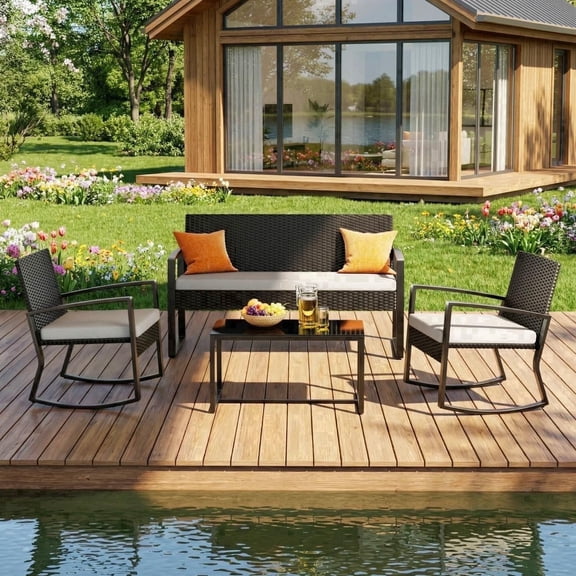 Patio Furniture Set, Lofka 4 Pieces Outdoor Conversation Set with Rattan Wicker Rocking Chairs, Removable Cushions & Glass Table, Gray