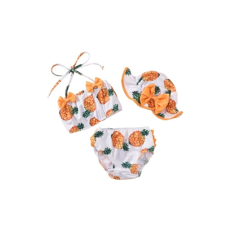

Girl Bikini Swimsuit Summer Toddler Baby Girls Swimwear Fruit Print Sleeveless Bownot Halterneck Tops Shorts Ruffled Hat Swimwear Bathing Suits