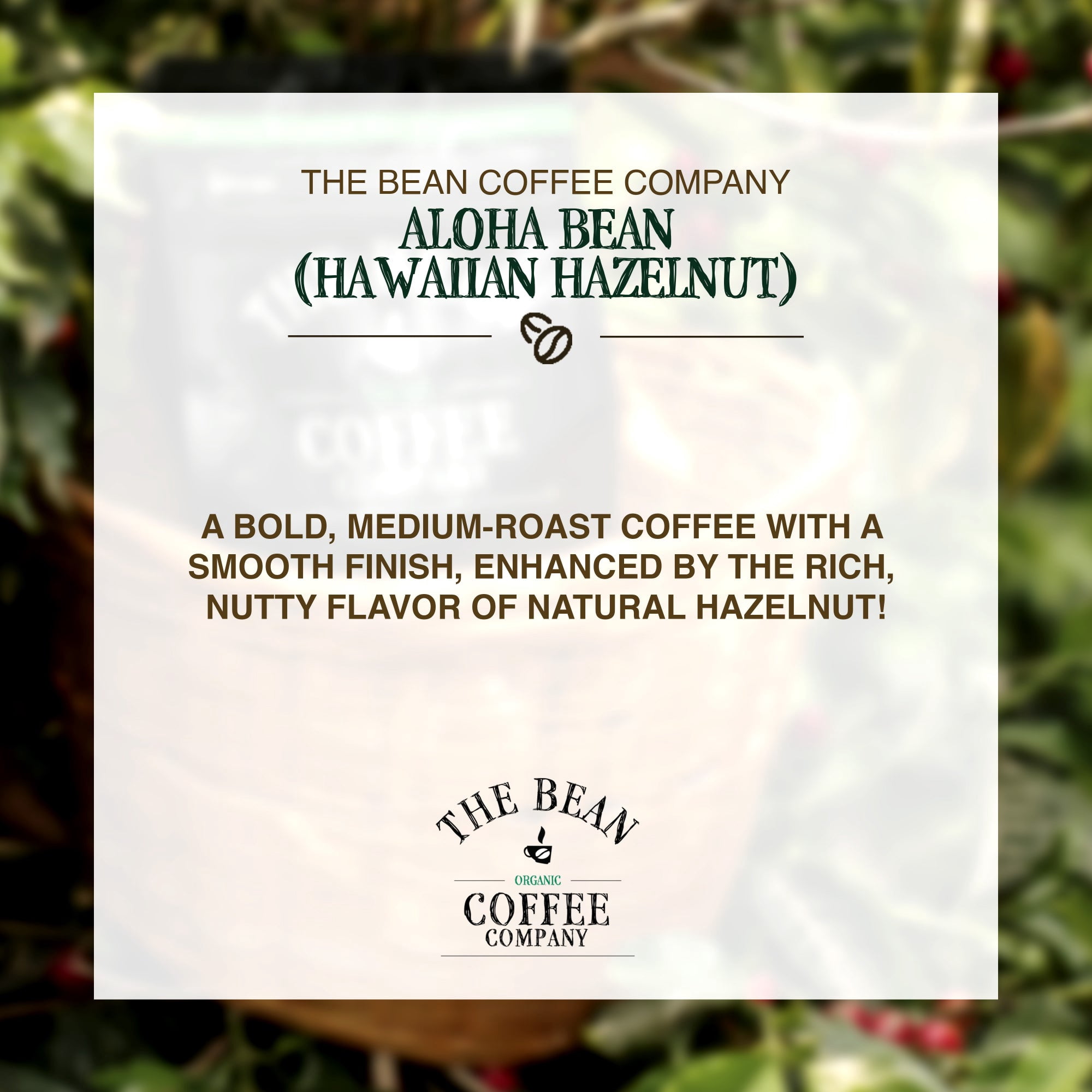 The Bean Organic Coffee Company Aloha Bean (Hawaiian Hazelnut), Medium Roast, Whole Bean Coffee, 16-Ounce Bag
