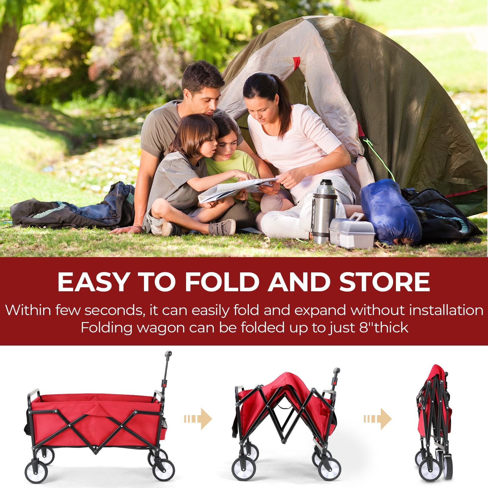 TLSUNNY 150lbs Collapsible Folding Wagon, Big Bucket Beach Cart, Heavy Duty Large Capacity Garden Wagon with Wheels for Outdoor Camping, Shopping, Sports, Grocery
