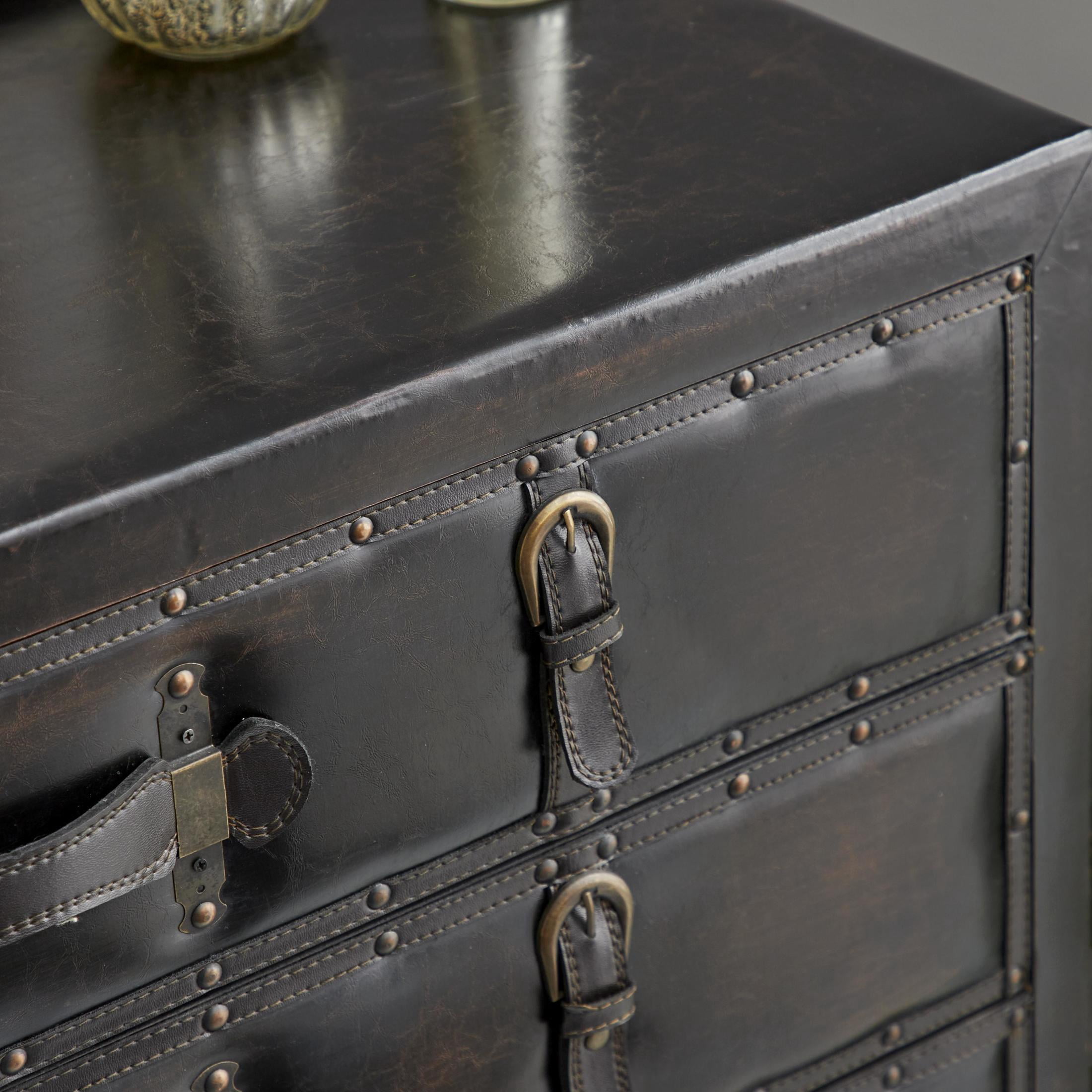 DecMode 36" x 32" Black Faux Leather Vintage Trunk Chest with Gold Studs and Buckle Details, 1-Piece