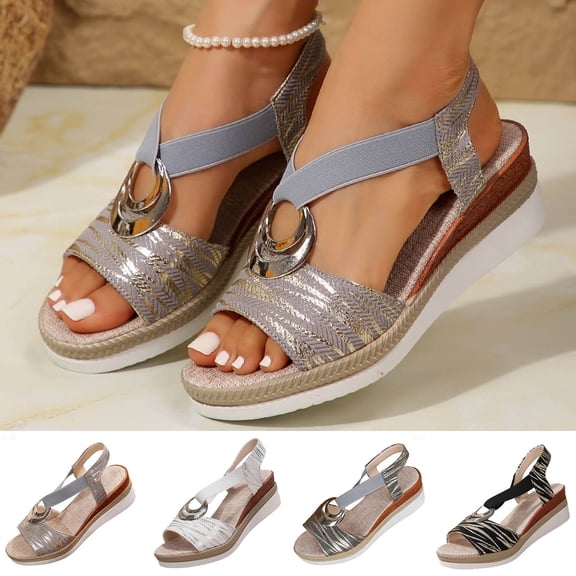 GERsome Women's Wedge Sandals Platform Open Toe Ankle Strap Comfort Walking Summer Beach Travel Sandals, Gray Size 5.5