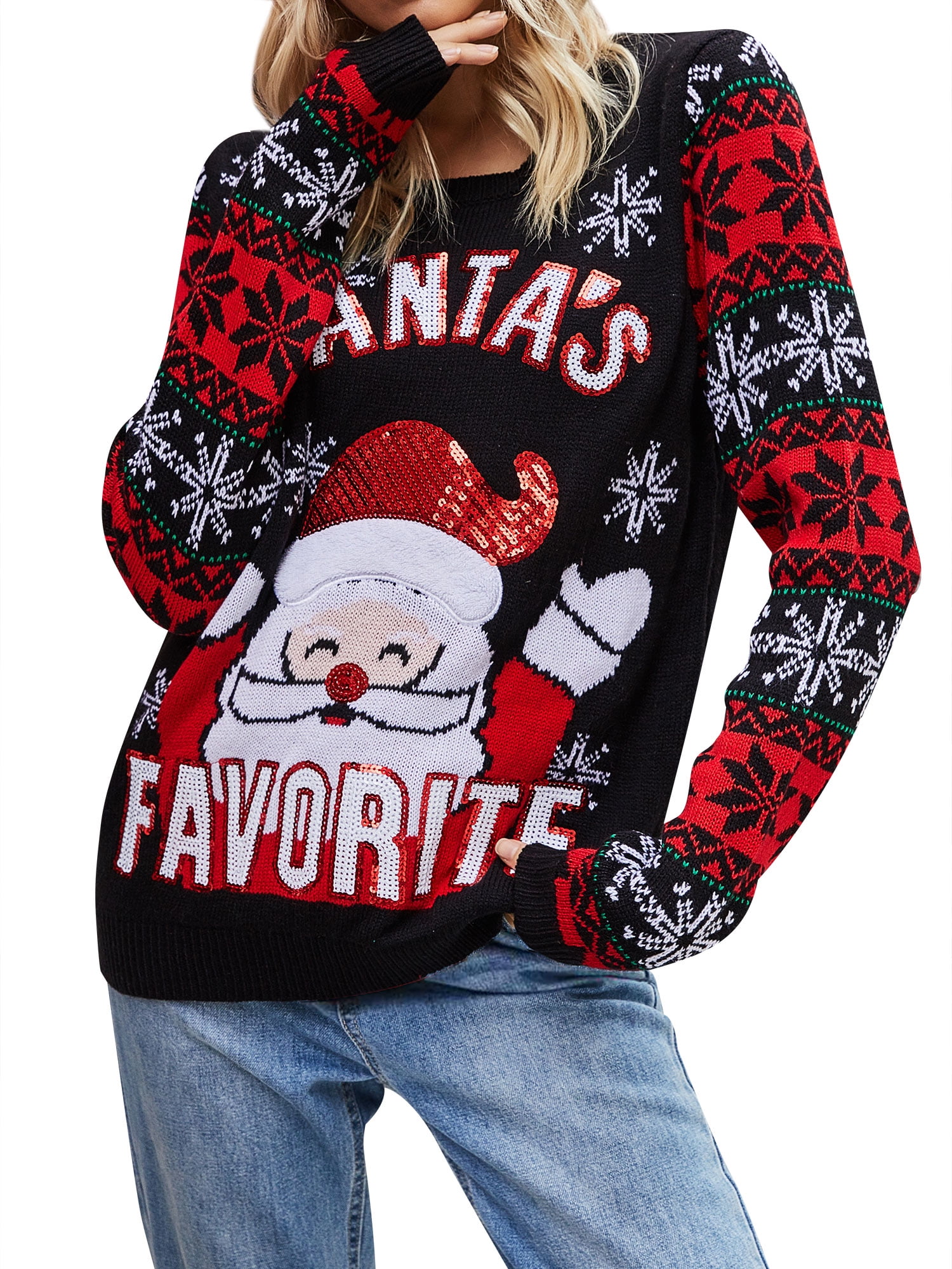 ZXZY Women Sequin Santa Graphic Letter Print Long Sleeve Christmas Ugly