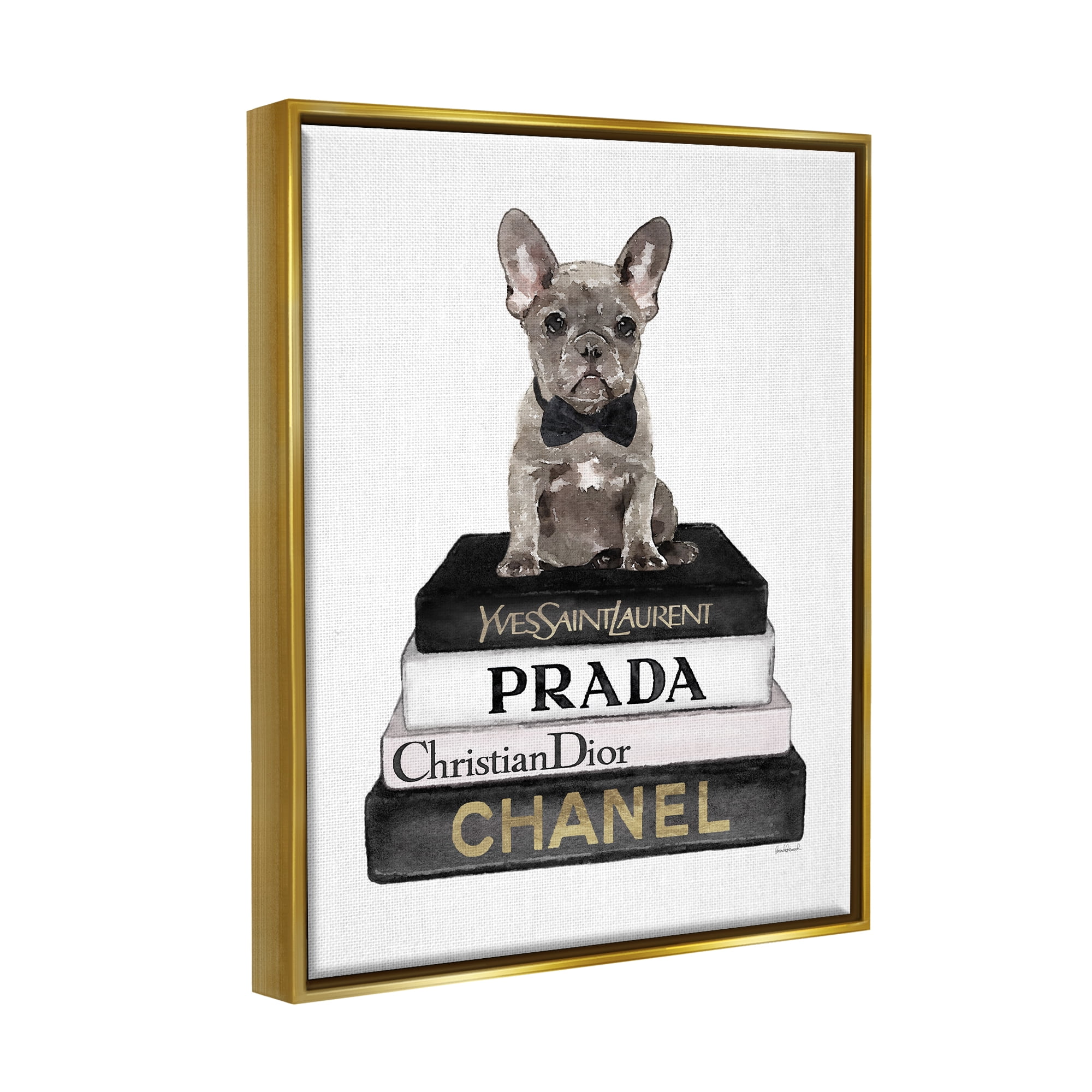 Stupell Industries Dog on Fashion Books Animals & Insects Painting Gold Floater Framed Canvas Art Print Wall Art, 17 x 21