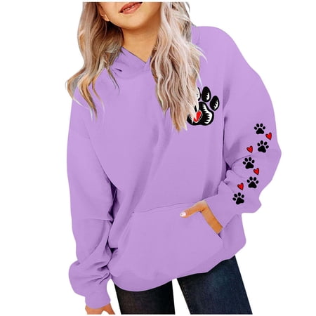 Confree Pullover Tops For Girls Cute Print Long Sleeve Hooded Sweatshirt Spring Autumn Dailywear Breathable Casual Girl S Sweatshirts With Pocket Size 13-14 Years Purple