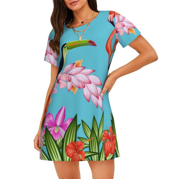 Fotbe Tropical Jungle Flamingo Bata de Dormir para Mujer con Estampado, Camisón de Algodón de Manga Corta, Ropa de Dormir Casual