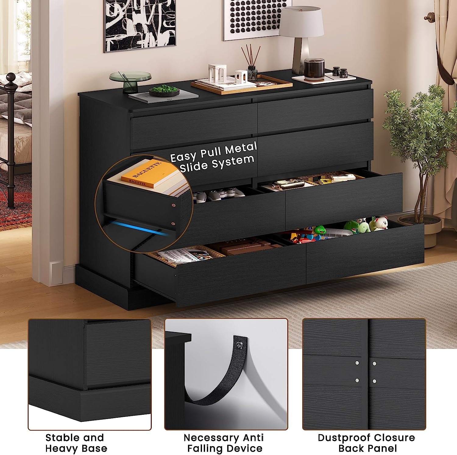 8 Drawers Double Dresser Wooden Black Chest of Drawers for Bedroom, Large Storage Cabinet for Home Living Room