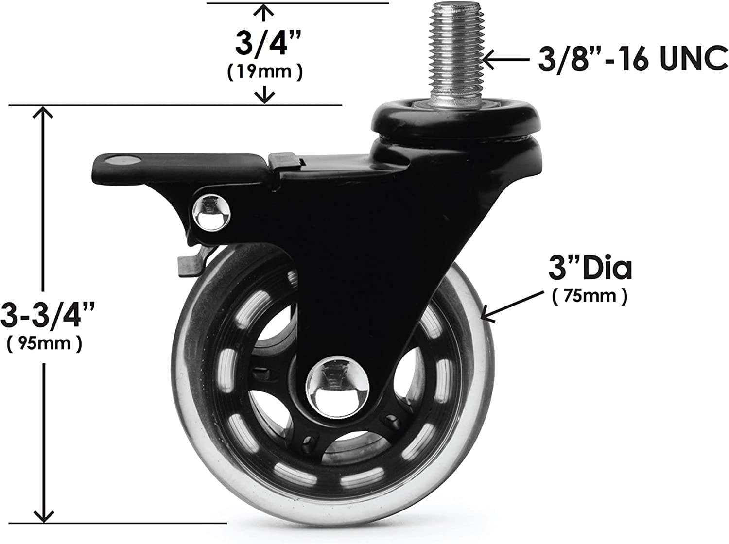 Slipstick CB693 Premium 3 Inch Rubber Caster Wheels with Brake (4 Pack) Replacement Rollerblade Style Swivel Casters with 3/8”– 16x1” Threaded Stem, Includes Mounting Hardware, Black / Clear Castor