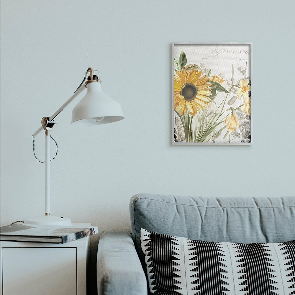 Stupell Industries Soft Sunflower Floral over Vintage Plant Illustration Gray Framed by Kim Allen