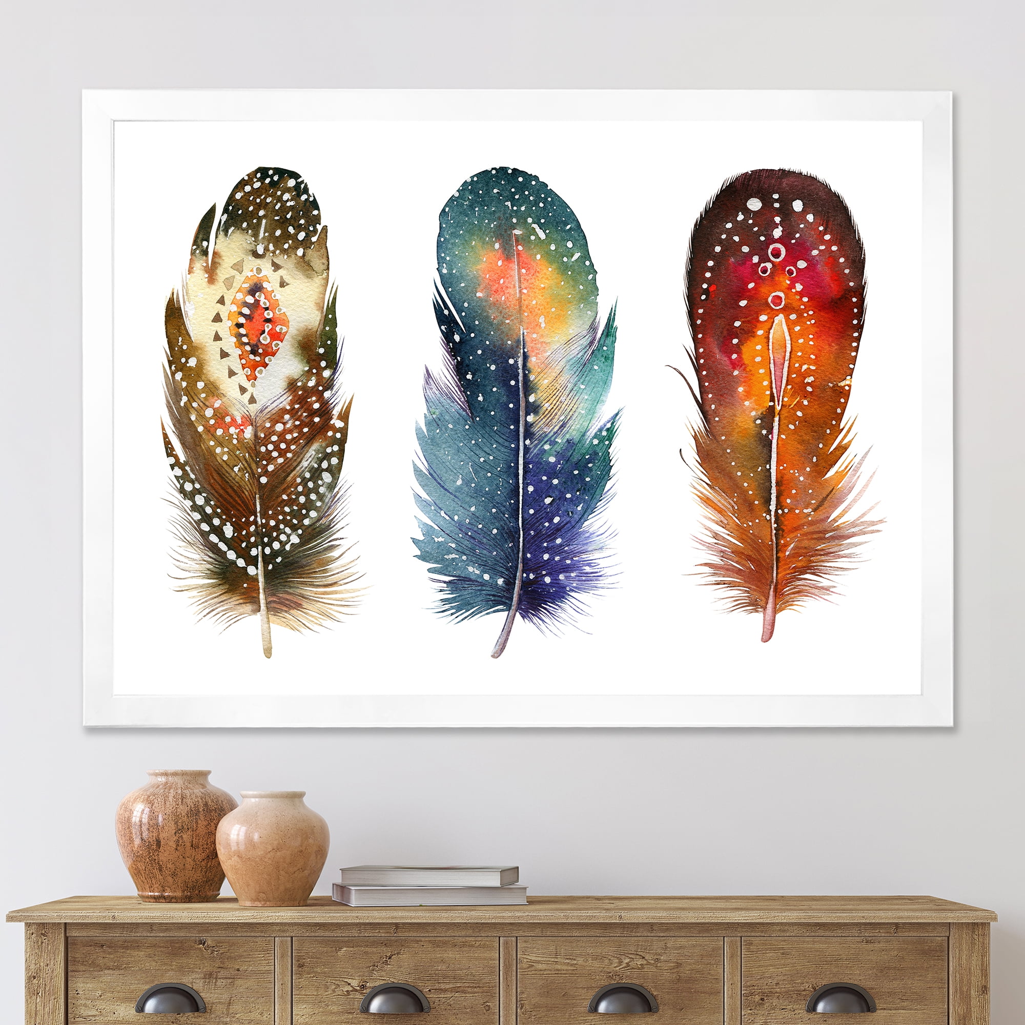 Designart 'Colourful Boho Art Feather Set IX' Bohemian & Eclectic Framed Art Print