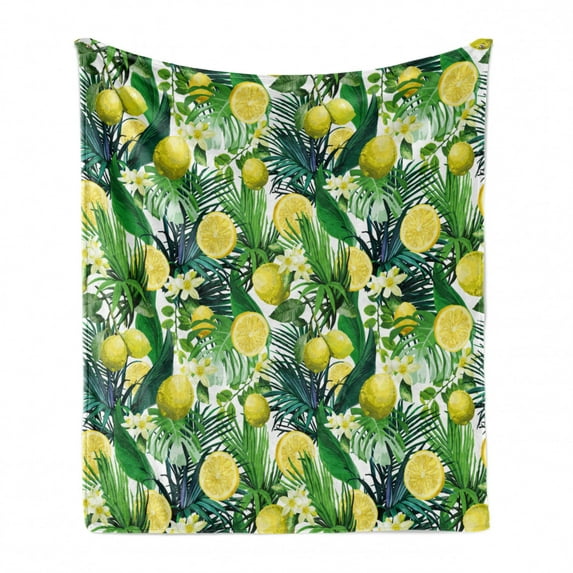Nature Soft Flannel Fleece Blanket, Tropical Plants with Large Evergreen Leaf Lemon Botany Palm Jungle Graphic, Cozy Plush for Indoor and Outdoor Use, 50" x 60", Yellow Forest Green, by Ambesonne