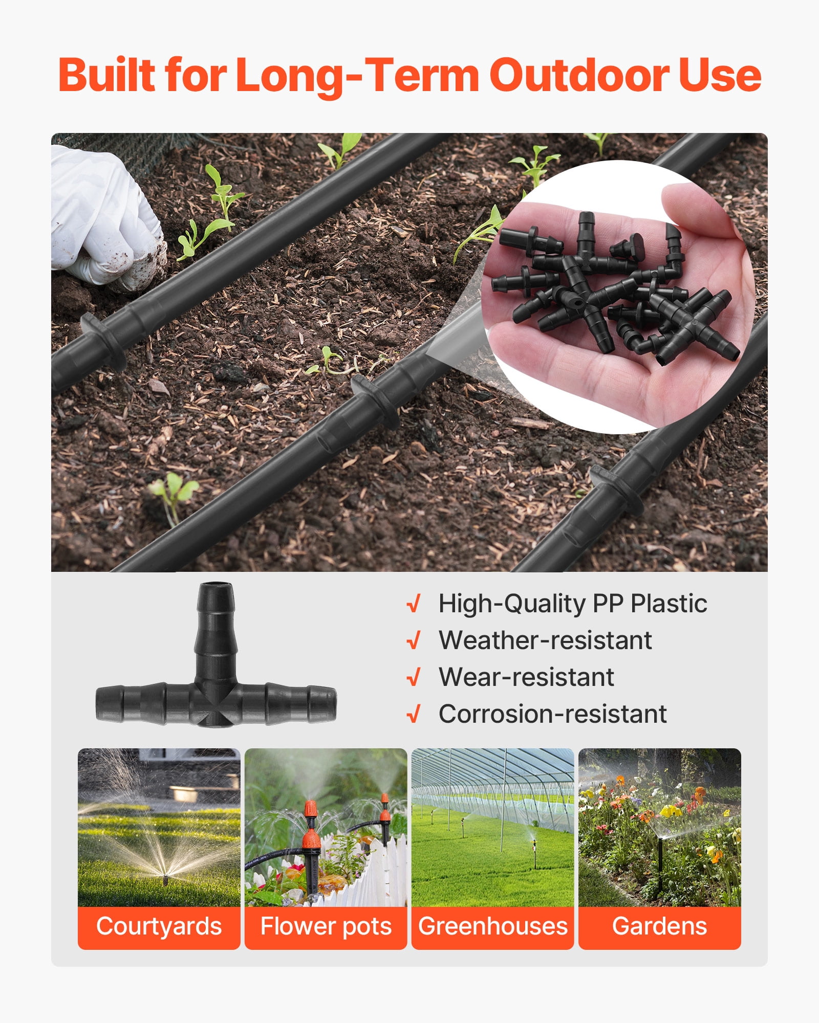 VEVOR Drip Irrigation Fittings Kit for 1/4" Tubing, 300 Pcs Drip Irrigation System Parts, Tees, Straight Barb, 4 Way Coupling, Elbows, End Plug, Single Barbs, Barbed Connectors for Yard Garden Lawn