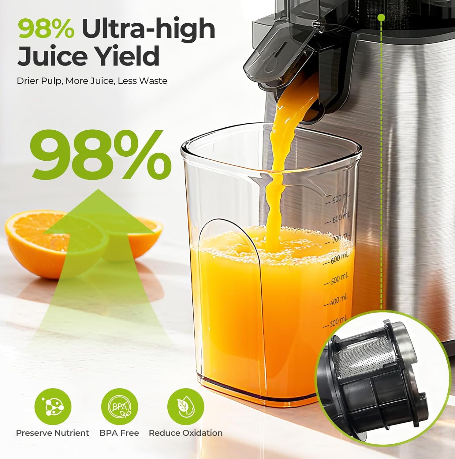 WAA 300W Cold Press Juicer 5.4" Extra Wide Feed Chute,98% High Yield,Compact Easy Clean for Whole Vegetables & Fruits