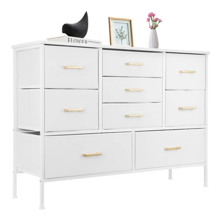 Fabric Dresser for Bedroom, Storage Tower with 9 Drawers, Chest of Drawers with Fabric Bins, Tall Dresser for Hallway, Closets, Nursery (White)