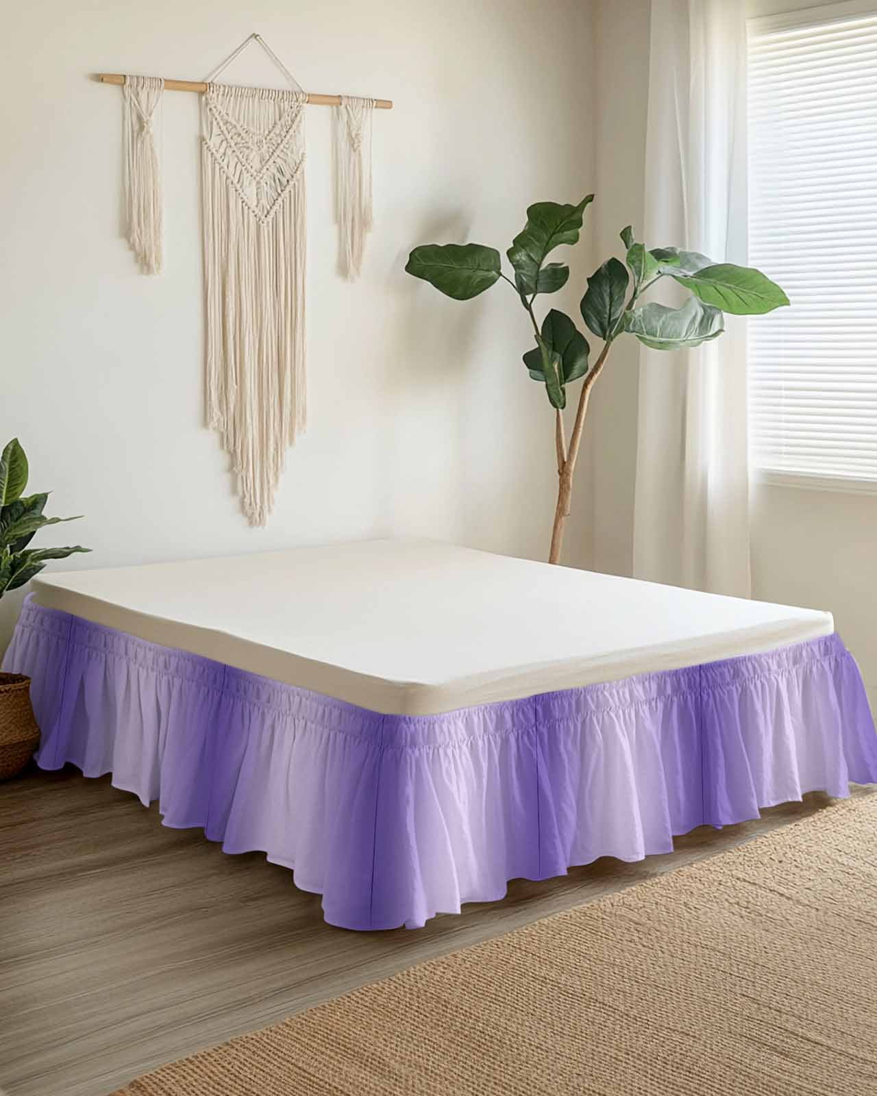 Ombre Bed Skirt Queen Size 16" Drop Violet Purple Gradient Ruffled Wrap Around Bed Skirts Adjustable Elastic Bedskirt Dust Ruffle for Queen Size Bed
