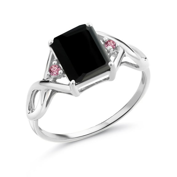 Gem Stone King 2.18 Ct Black Onyx and Pink Lab Grown Diamond 3-Stone Ring for Women | 925 Sterling Silver  | 9X7MM Emeald Cut and 2MM round | Three Stone Wedding Engagement Anniversary Ring | Size 5