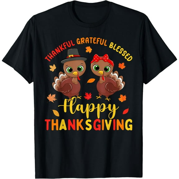 Thankful Grateful Blessed Thanksgiving Turkey Women Girls T-Shirt,Top Tees,Black