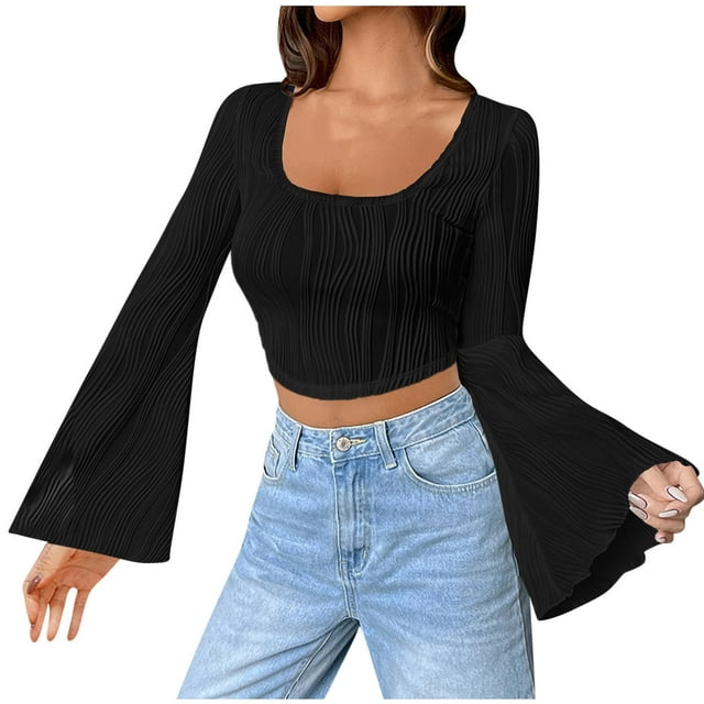 aidice Crop Tops pour Femmes Col Carré Tendance Manches Longues Texture Ajustée T-Shirts Unis