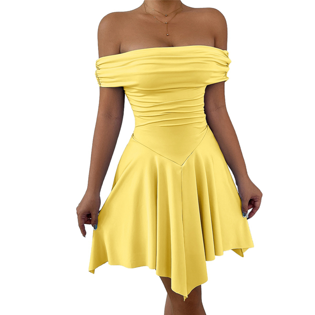Women's Off the Shoulder Mini Dress Ruffle Hem Ruched Corset Short Cocktail Party Dresses Light Yellow S