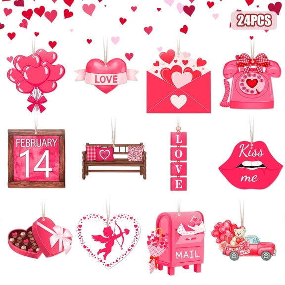YIBAGA Valentine's Day Wooden Ornaments Set 24Pcs, Pink Love Gnomes Hearts Tree Hanging Decoration, Home Party Pendants Decor