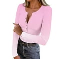 thumbnail image 3 of Josdec Women's Slim Fit T‑Shirt Gradient‑Print Henley Button‑V‑Neck Ribbed Long Sleeve Casual Pullover Tops S‑XXL, 3 of 10