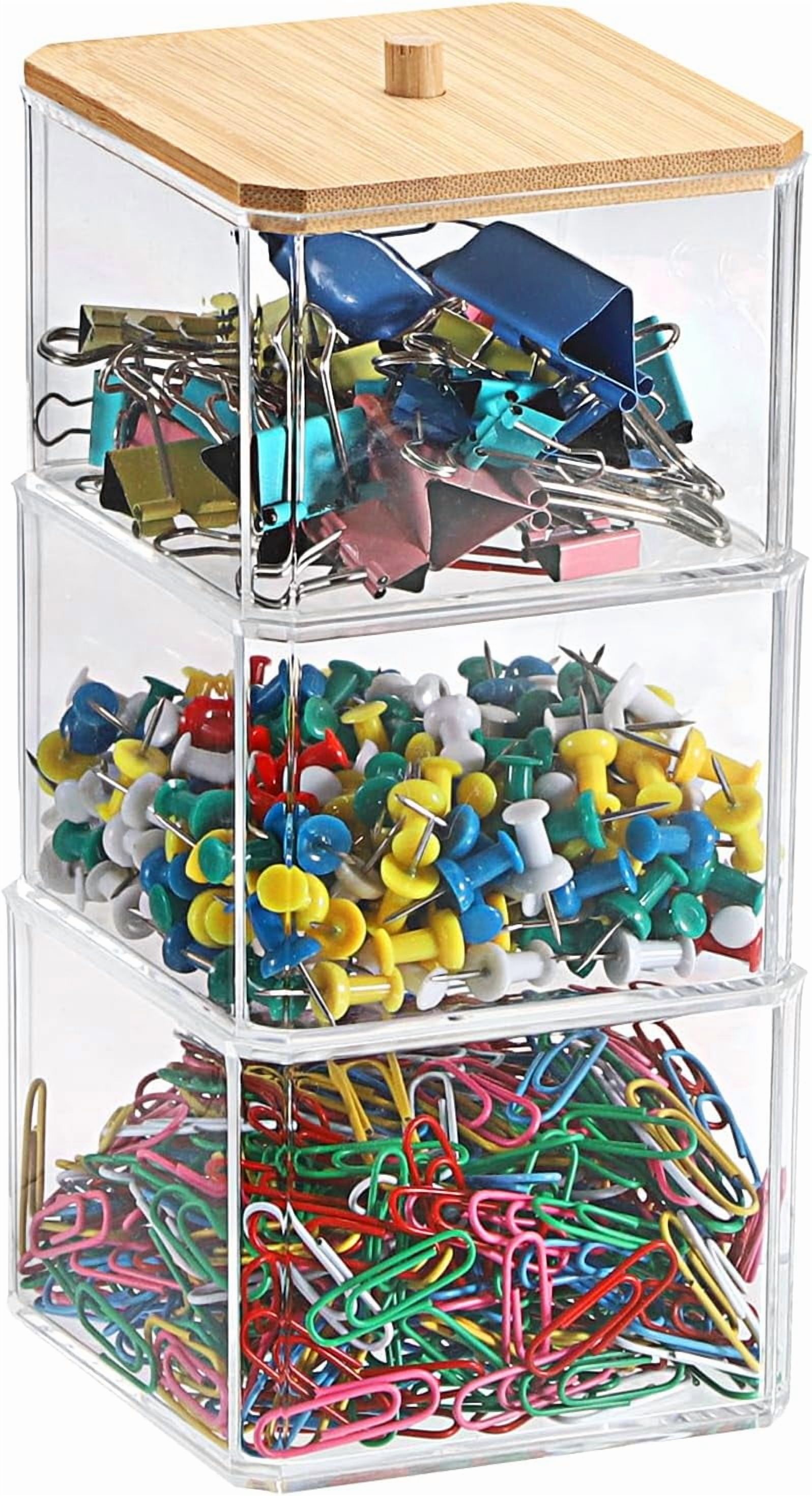 FacoFaco Clear Stackable Paper Clip Holder with Bamboo Lid, 3-Layer Paperclip Box Thick Acrylic Office Supply Accessory Organizer