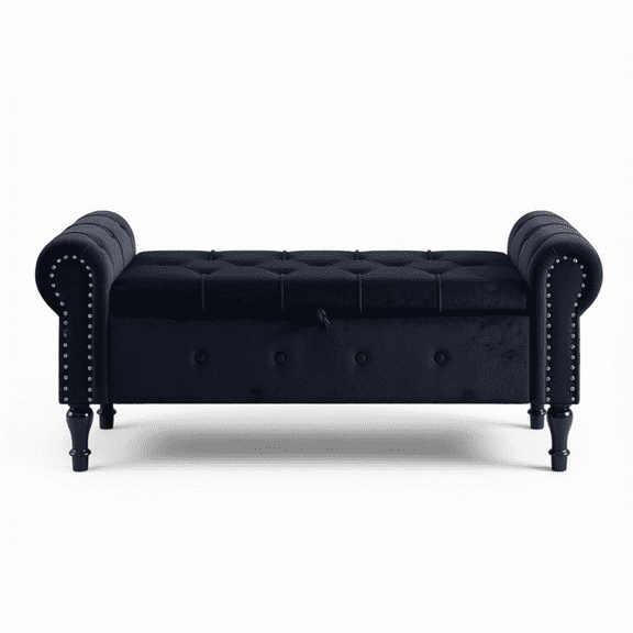 51" Velvet Storage Bench for End of Bed, Black Upholstered Entryway Bench