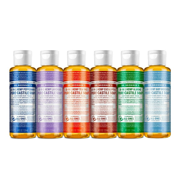 Dr. Bronner's - Savon Liquide Pur-Castile (Lot Varié de 4 oz) Menthe Poivrée, Lavande, Arbre à Thé, Eucalyptus, Amande, & Bébé Non Parfumé - Utilisations 18-en-1